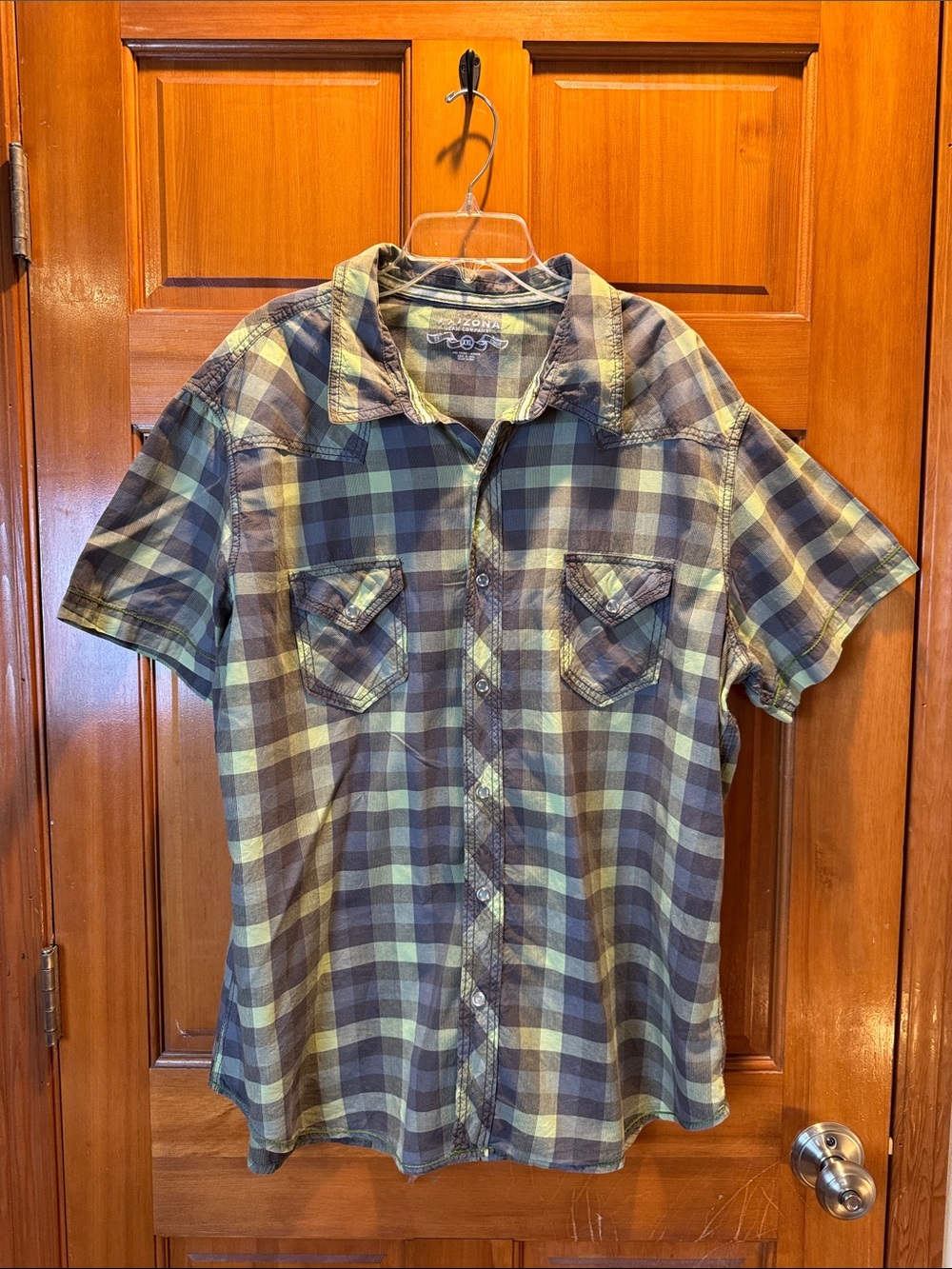 Arizona Jean Company Short-Sleeve Plaid Button-Down Shirt - Green/Gray Size XXL